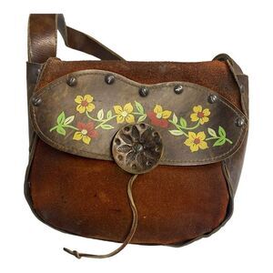 Southwestern Vintage Suede Leather Floral Painted Shoulder Crossbody Purse 7.5x6